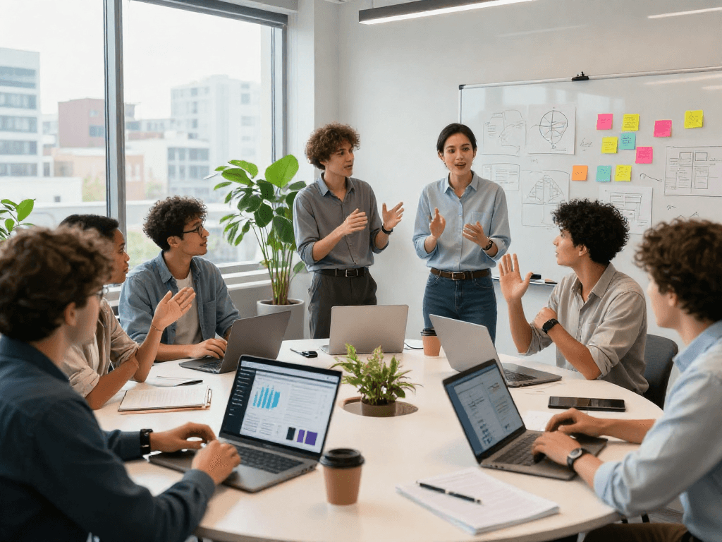 Team brainstorming with IDXSTAR in a modern co-working space, showcasing collaboration and creativity.