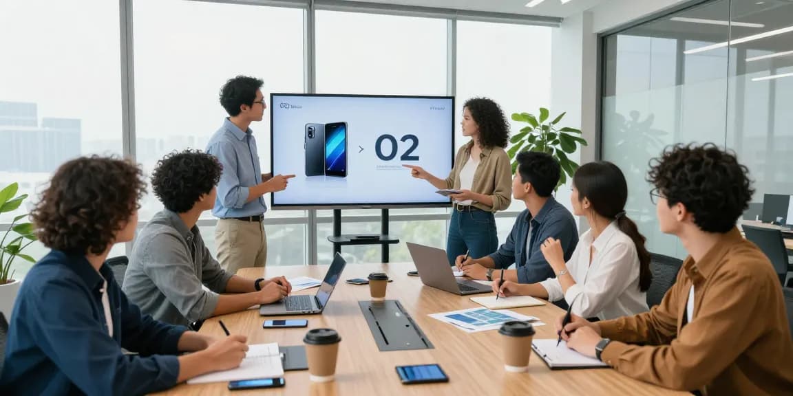 Team discussing O2 business handsets in a modern office setting with natural light.