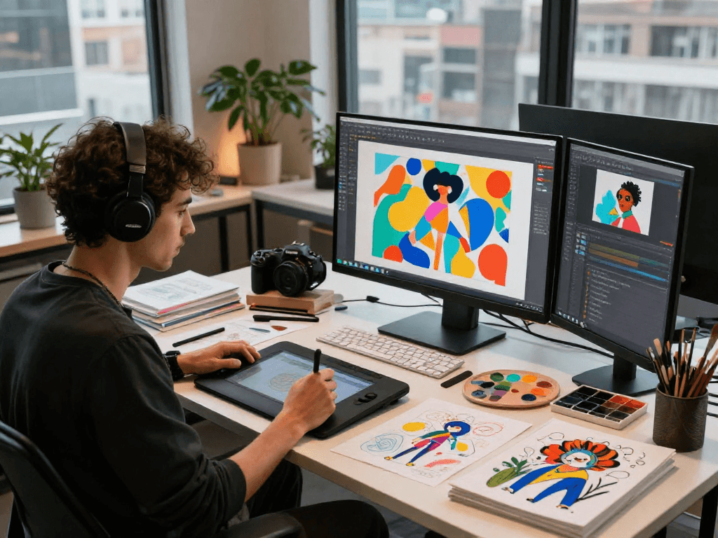Artist creating vibrant nsfw ai digital artwork in a colorful studio filled with creative tools and natural light.