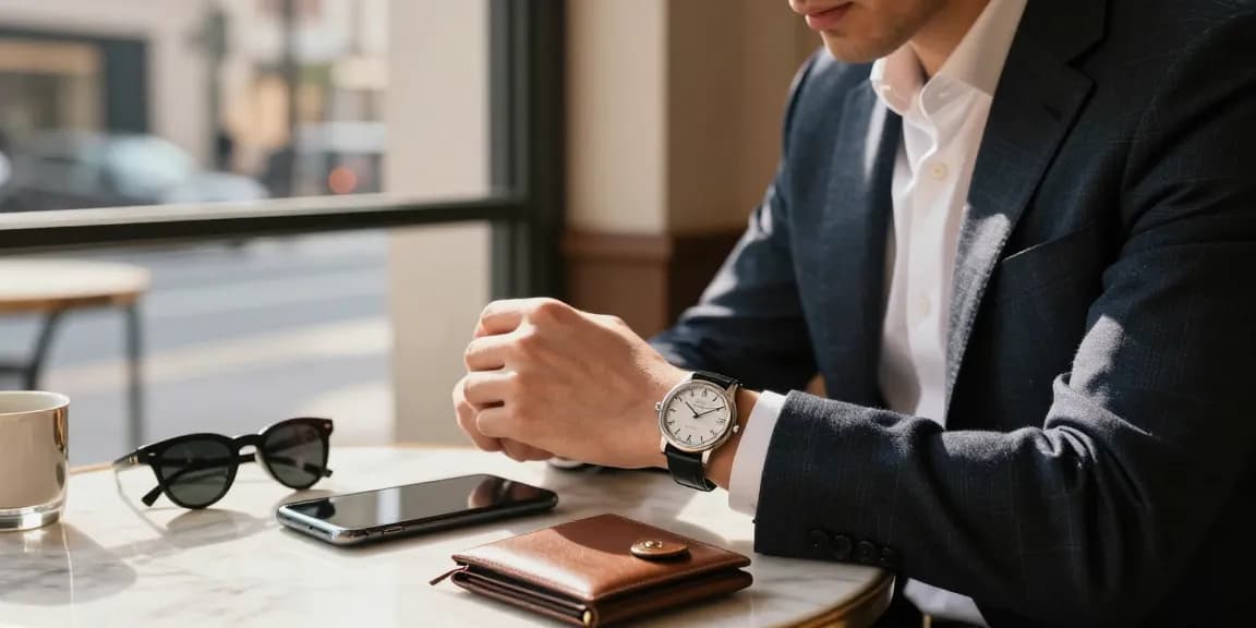 Stylish man showcasing super clone watches in upscale urban café setting