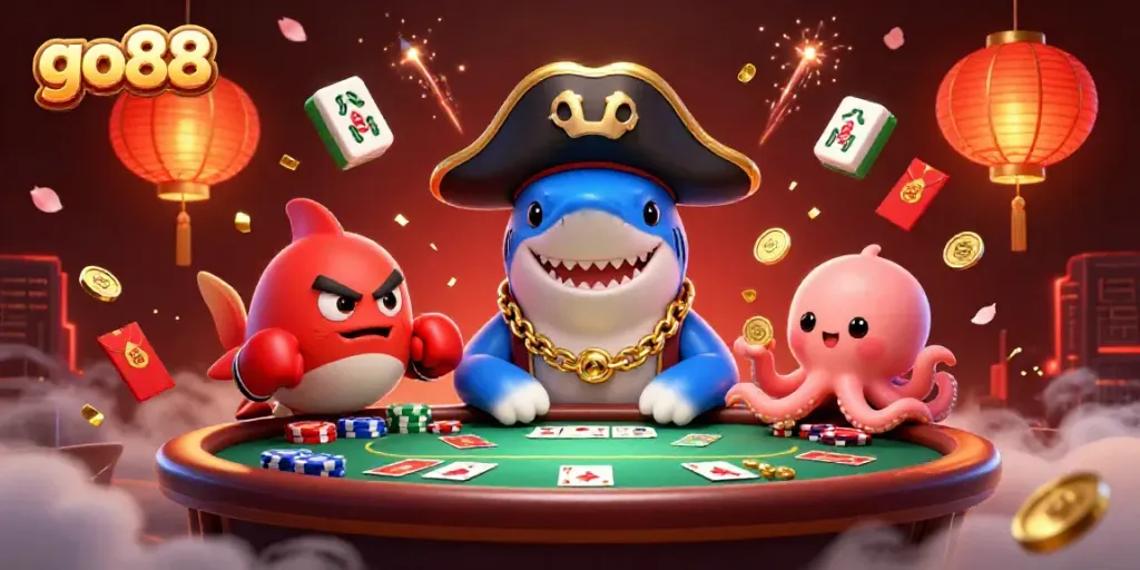 Experience thrilling poker action with go88, where a playful pirate shark, pufferfish, and octopus create vibrant casino energy.