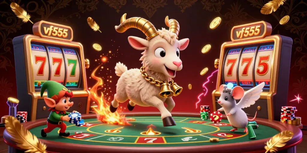Experience the thrill of vf555 in a vibrant casino scene with Krampus and mischievous gremlins.