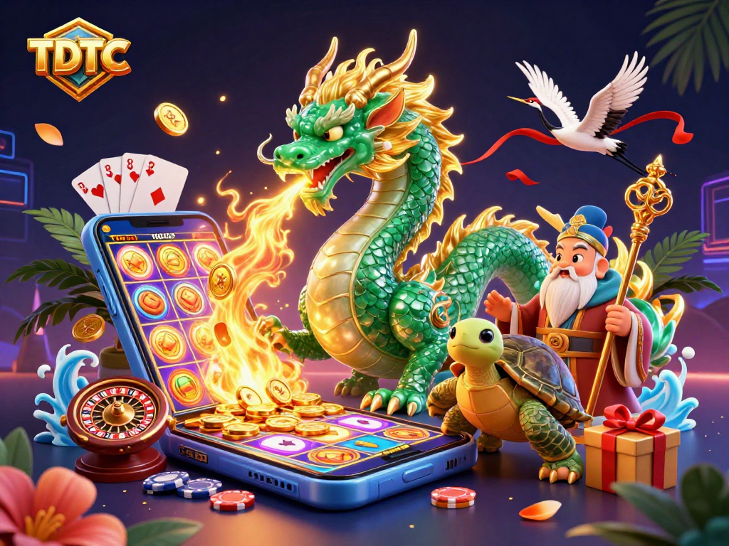 Experience TDTC with a scene showcasing a jade dragon, turtle sage, and lucky cranes surrounded by vibrant slot game elements.