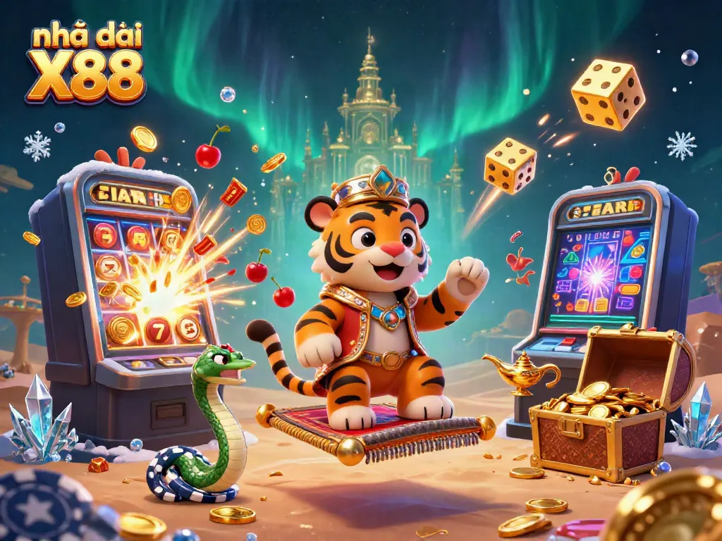 Immerse yourself in Nhà cái X88's vibrant casino scene featuring a tiger sultan and treasure-filled slots.