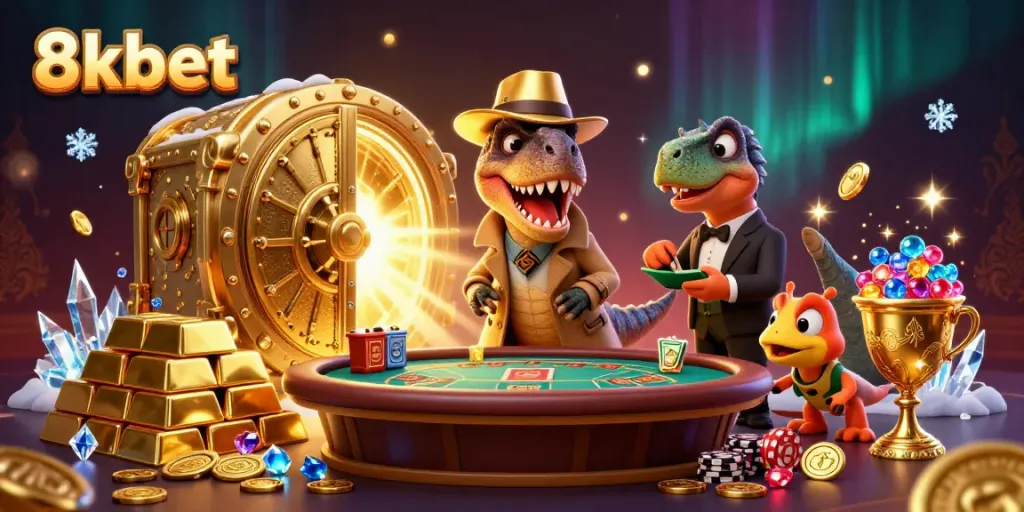 8kbet showcases a lively casino scene with a velociraptor and other dinosaurs amid thrilling game action.
