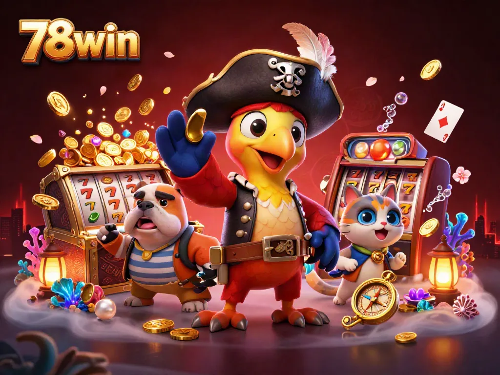 Experience the excitement with 78win's vibrant cartoon casino illustration capturing slot reels and treasure!