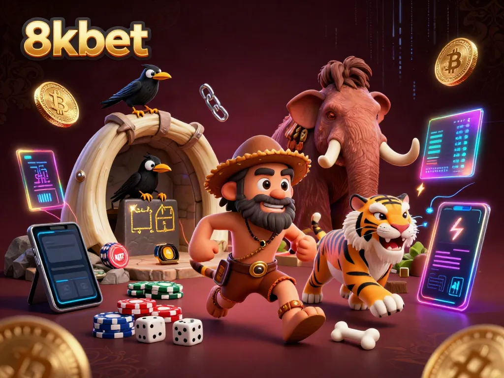 Experience classic casino action with 8xbet's creative illustration of a gambling duo managing a prehistoric casino.