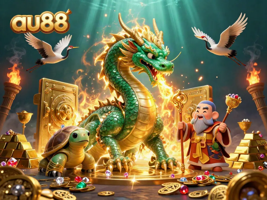 Experience thrilling wins at au88 with a magical jade dragon and vibrant treasures in a captivating fantasy casino.
