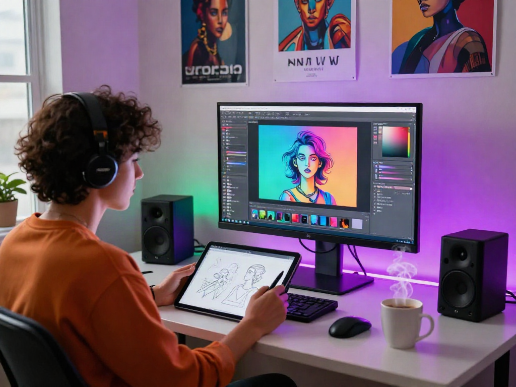Creative workspace showcasing NSFW AI art, featuring an artist at a digital desk with vibrant RGB lighting and artwork.
