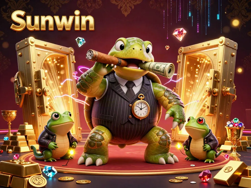 Sunwin provides an exciting gambling experience with a lively casino scene featuring a turtle in a suit and vibrant lights.