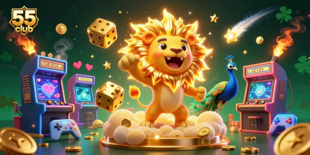 Experience thrilling gaming with the 55 club through a vibrant 3D casino illustration featuring a lion and golden dice.