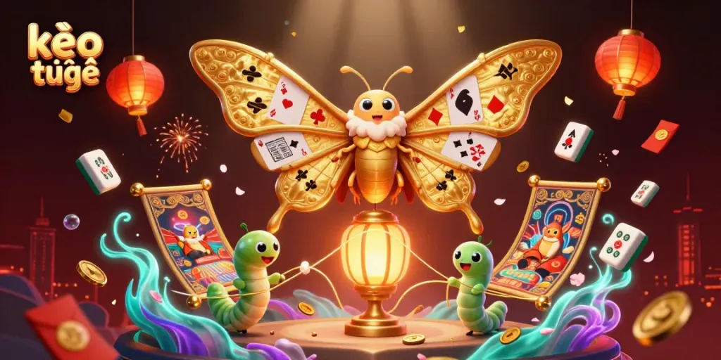 Engage with kèo trực tuyến featuring a golden moth portraying card suits amidst festive casino elements.