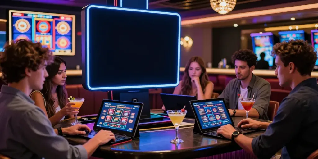 Players enjoying games at online credit card casinos in a lively bar setting.