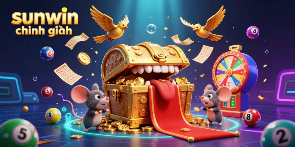 Play exciting games and win with sunwin chính hãng, showcasing vibrant lottery elements and a treasure chest.