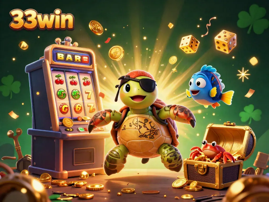 Experience the excitement of 33win slots with a vibrant illustration of a pirate turtle and treasure-themed gaming elements.