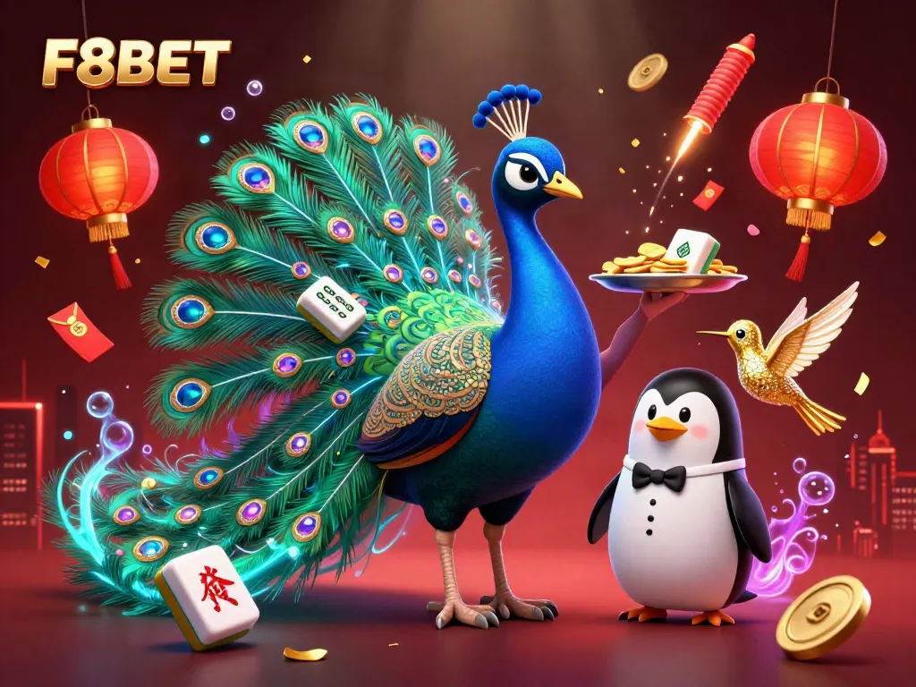Experience the thrill of gaming with F8BET featuring a vibrant casino scene with a peacock and penguin.