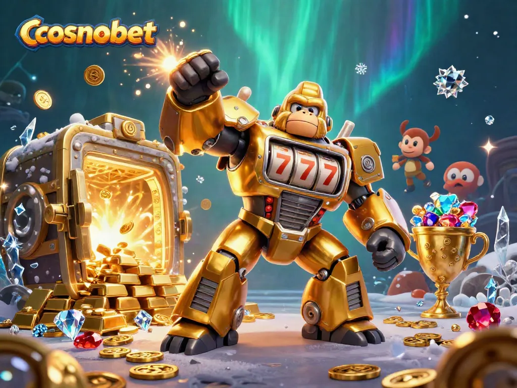 Experience the thrill of cosmobet with a vibrant 3D scene filled with winning slots and treasures.