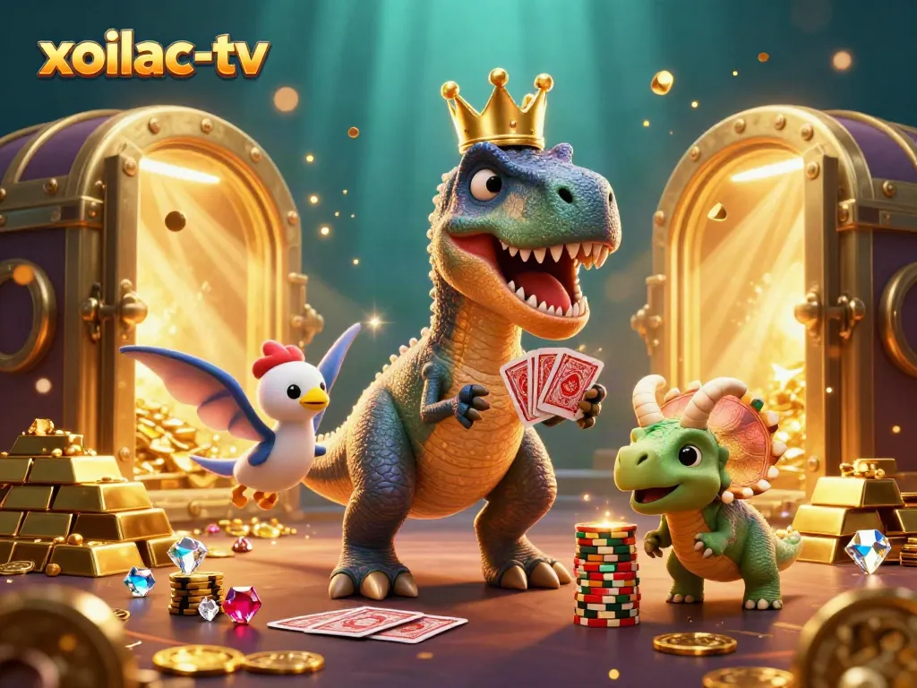 Xoilac-TV showcases an exciting casino scene with a T-Rex shuffling cards and a baby triceratops stacking chips.