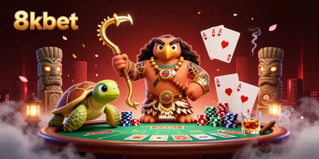 Experience thrilling moments at 8xbet with a dynamic 3D illustration of poker action and vibrant characters.