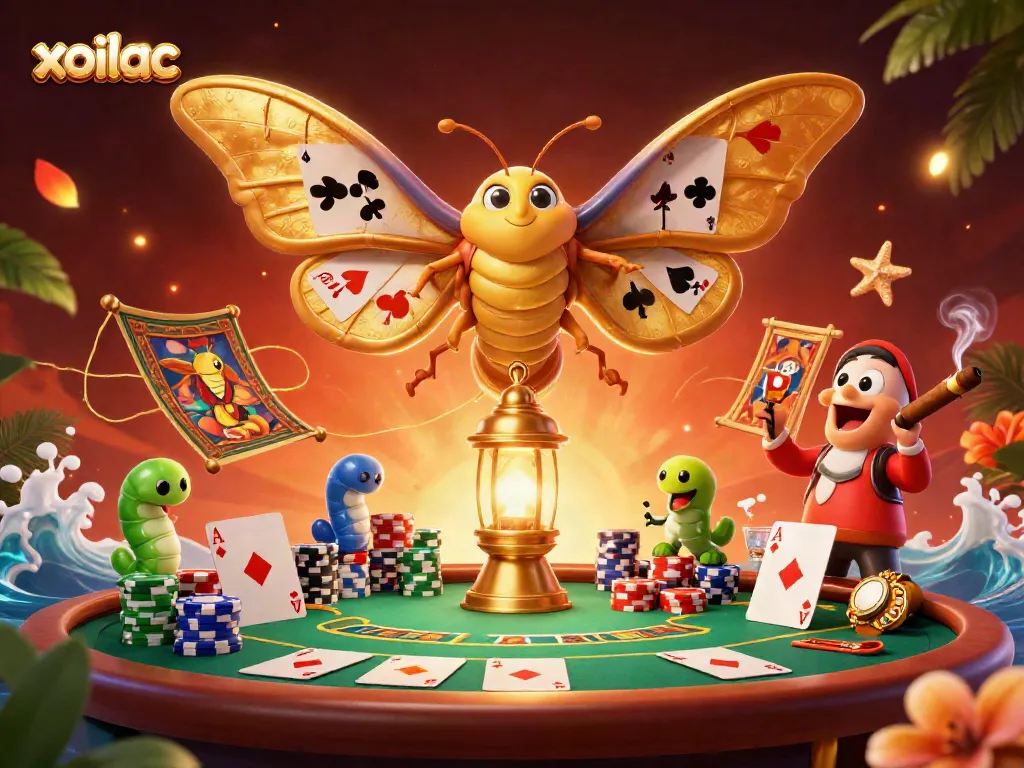 Experience thrilling gaming action with Xoilac’s vibrant casino scene showcasing poker, ornate moths, and golden motifs.