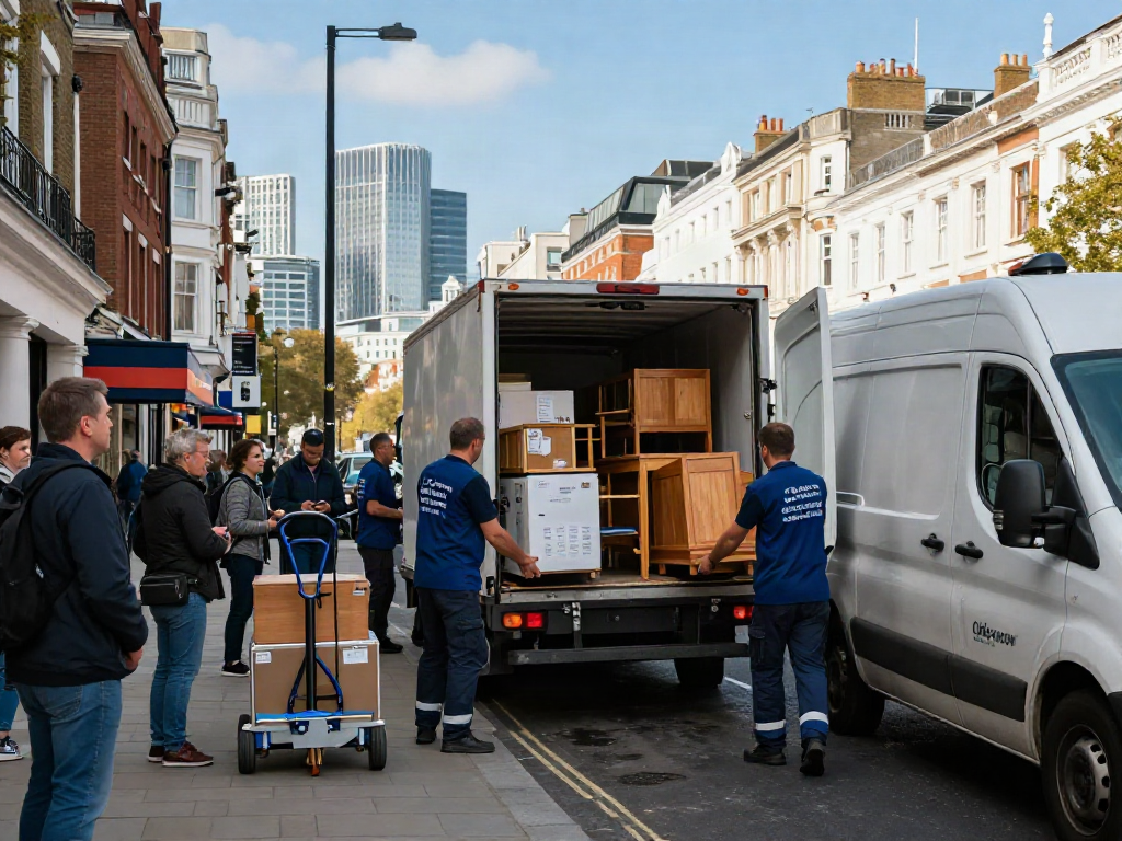 House removals London professionals loading furniture into a van on a bustling street.