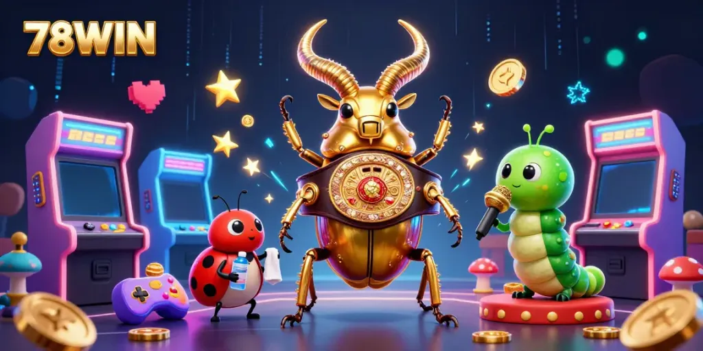 Engage with thrilling gaming action at 78WIN featuring a champion stag beetle and vibrant arcade elements.