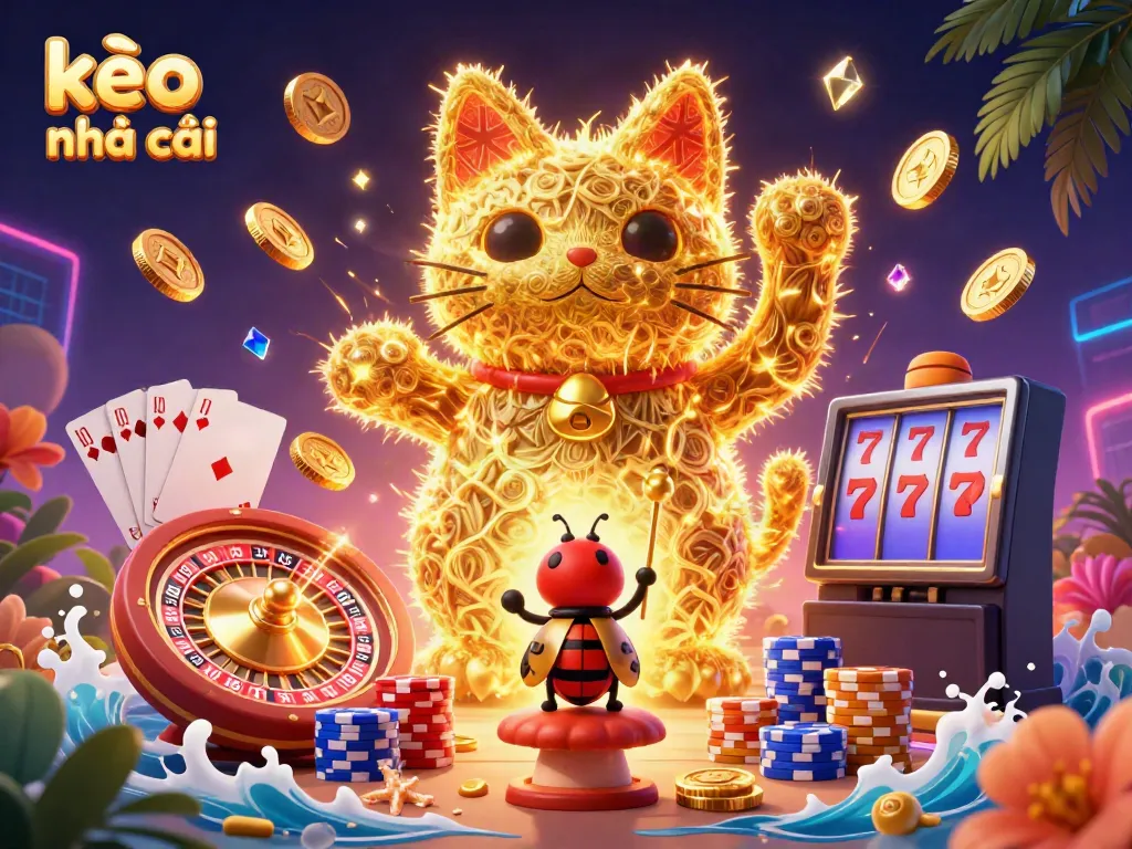 Engage with kèo nhà cái through festive golden fireflies depicting a lucky cat in a vibrant casino scene.