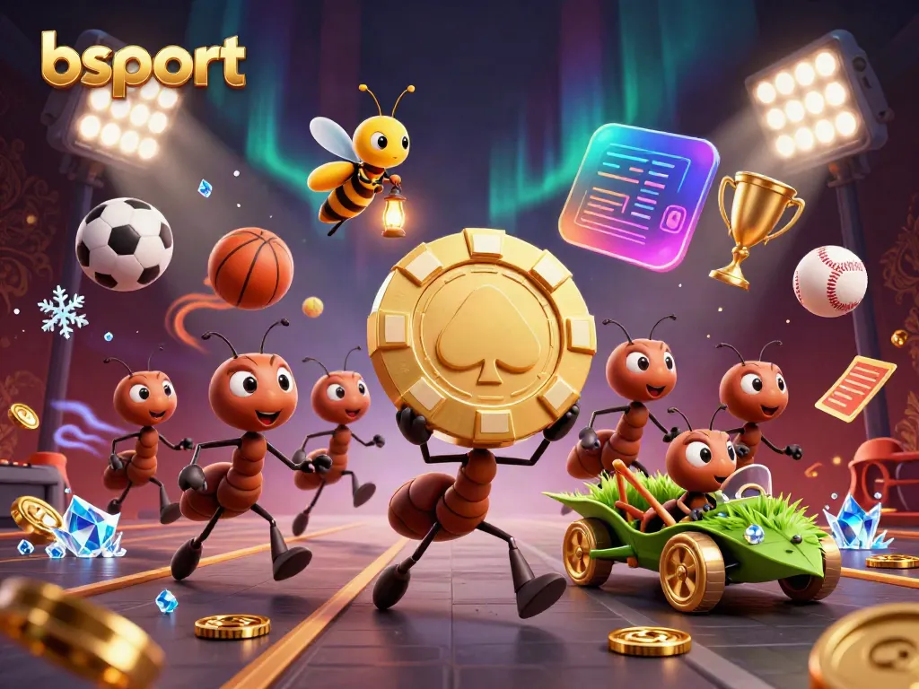 bsport's dynamic scene features ants planning a heist with a golden poker chip amidst flying sports elements.