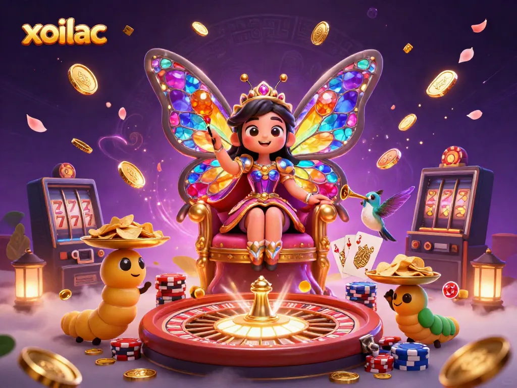 Xoilac offers exhilarating casino games and vibrant 3D illustration of a butterfly queen amidst glittering chips.