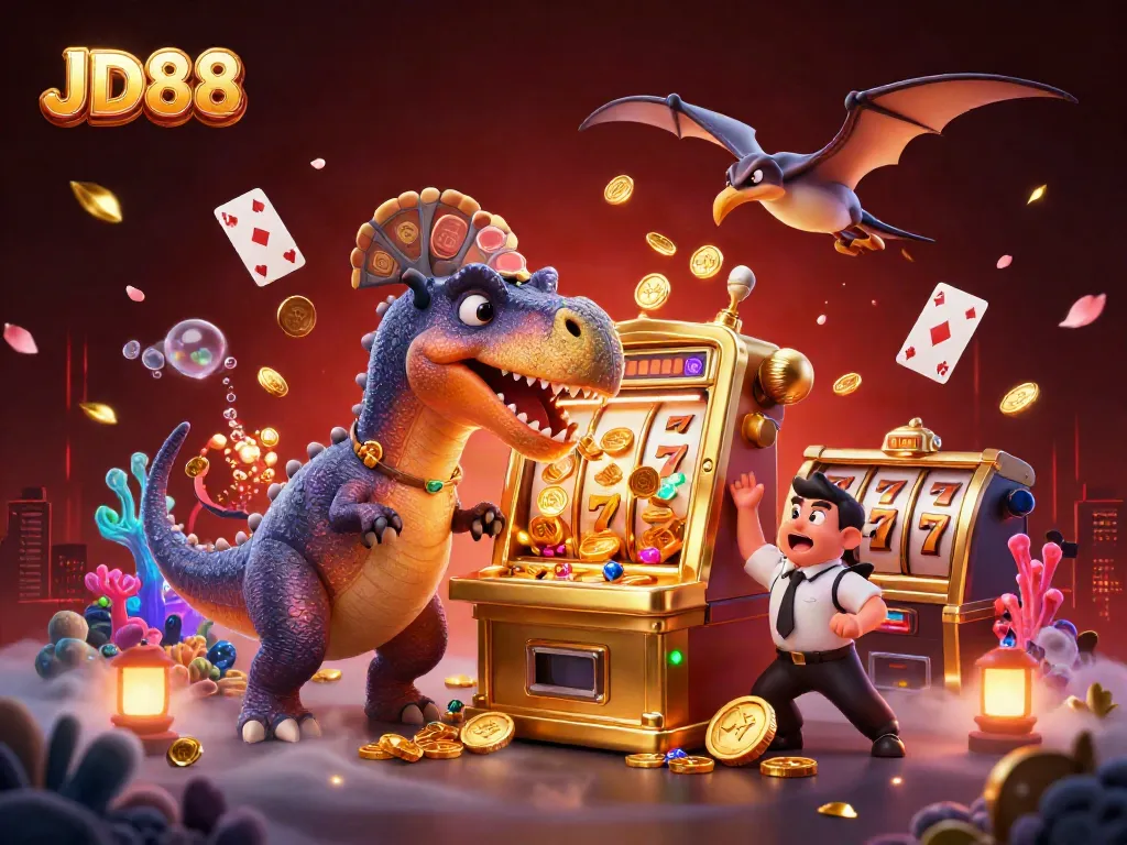 JD88's cartoon dinosaurs create a jackpot frenzy amidst exploding treasure chests and vibrant casino elements.