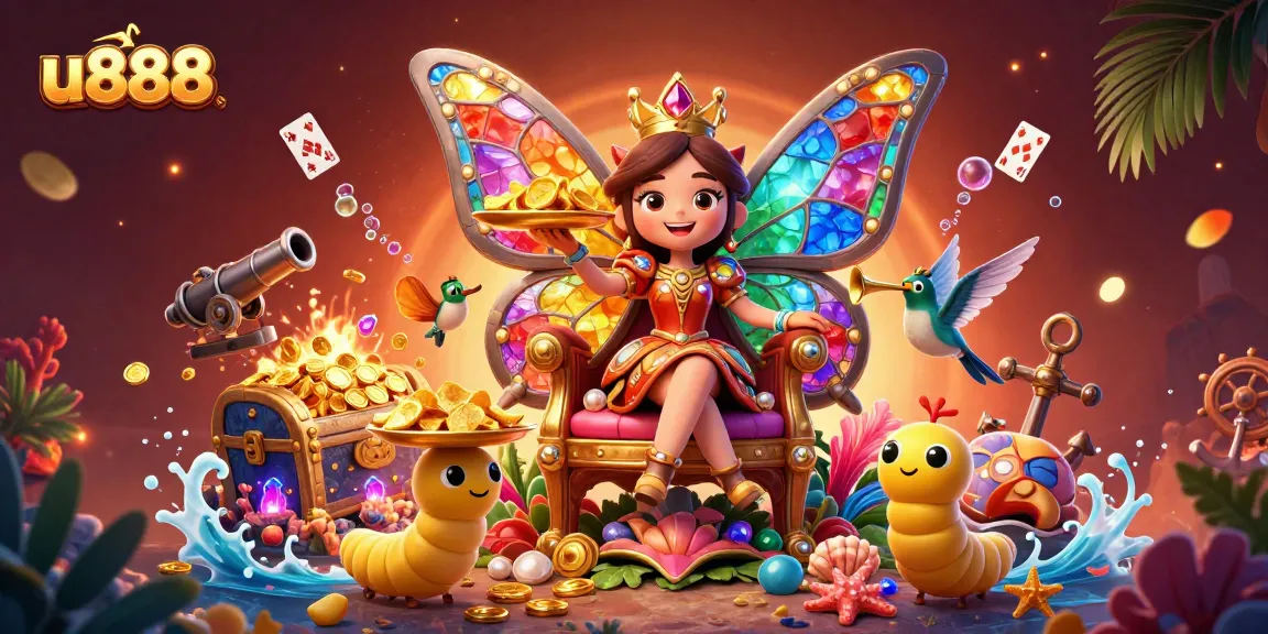 Experience the vibrant charm of u888 with a butterfly queen and festive casino elements in a 3D illustration.