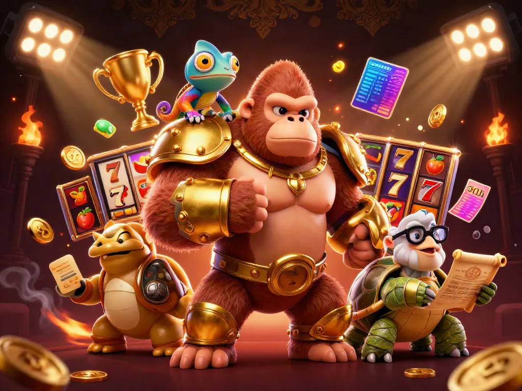 SUNWIN showcases a powerful gorilla king in armor with a chameleon companion, surrounded by slot machines and gold.
