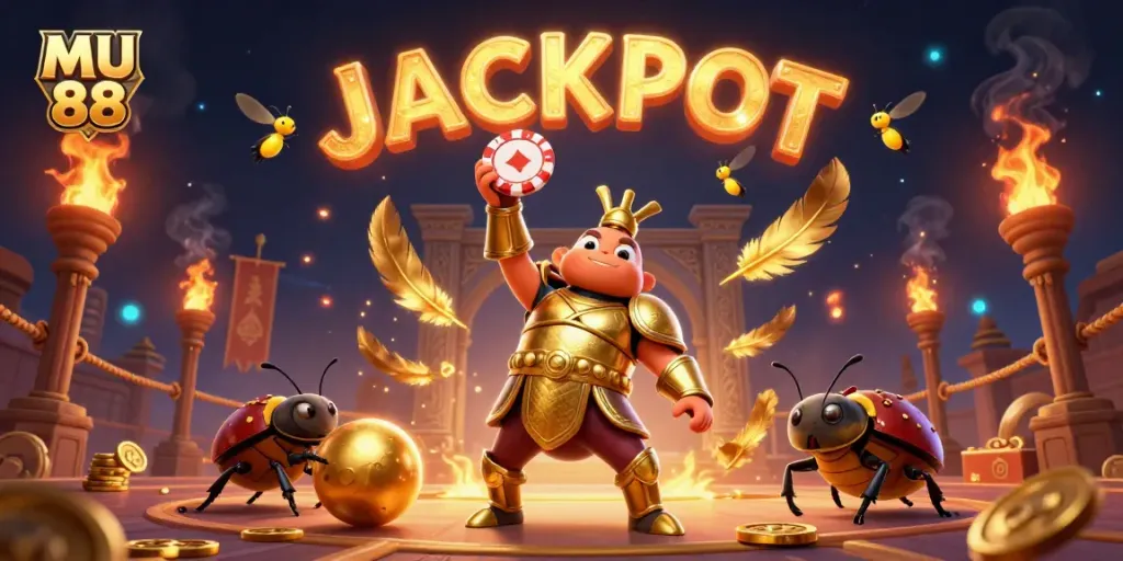 Experience the thrill of winning at MU 88 with a triumphant beetle hero, golden chips, and a lively casino atmosphere.