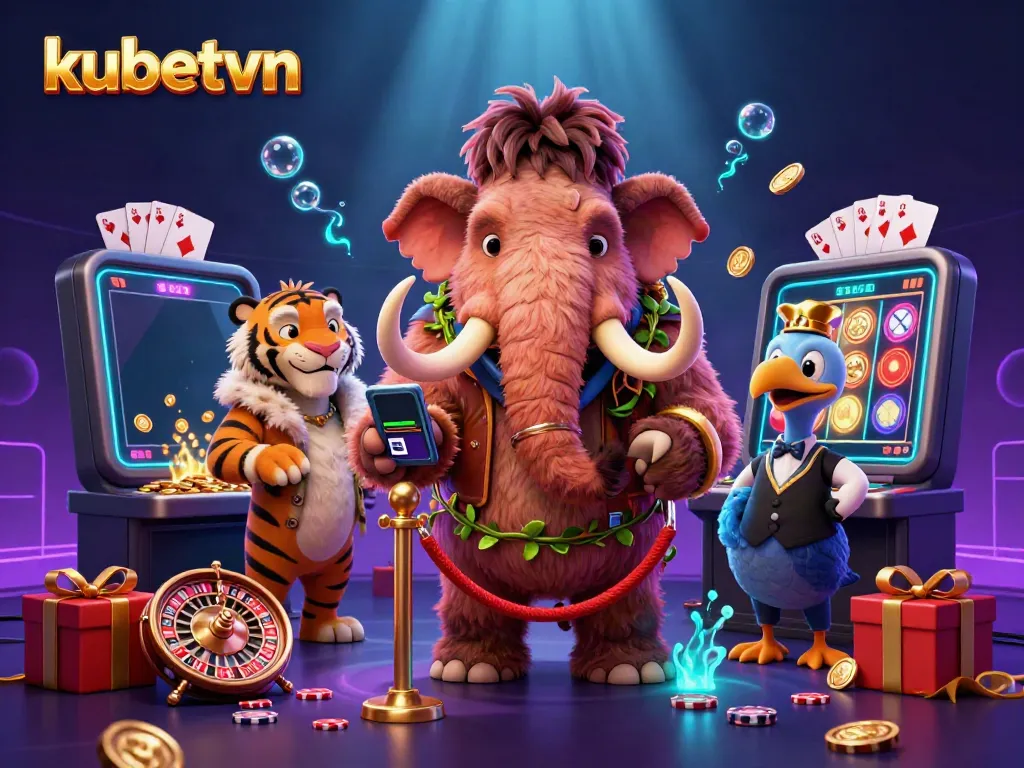 Experience thrilling action at kubetvn casino as a woolly mammoth bouncer checks IDs amidst vibrant gaming elements.