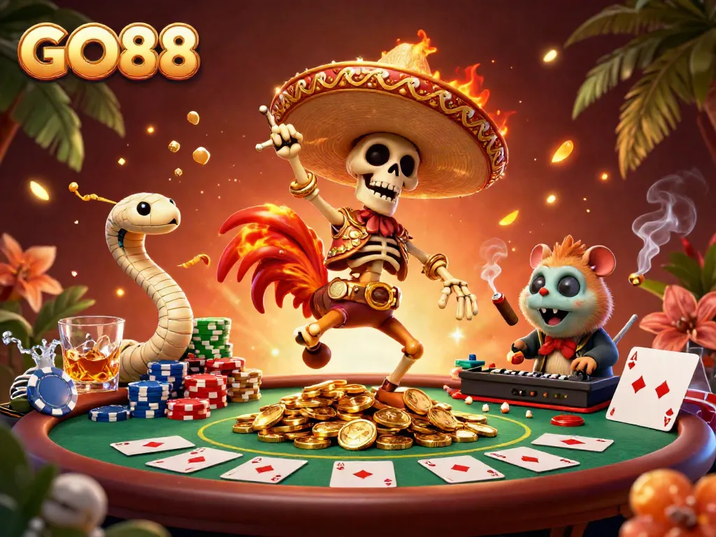 Join the excitement at GO88 with vibrant characters celebrating on a casino-themed backdrop of poker chips and cards.