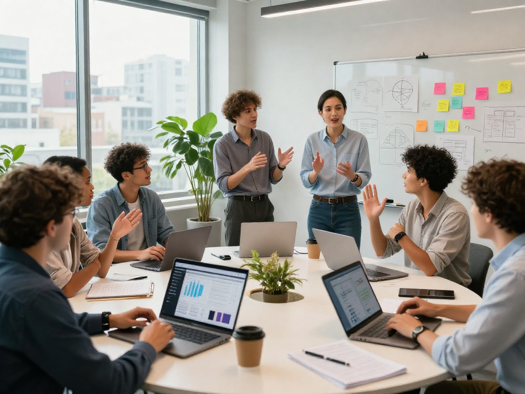 Team brainstorming with IDXSTAR in a modern co-working space, showcasing collaboration and creativity.