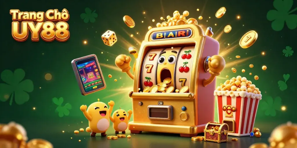 Experience jackpot thrills at Trang Chủ UY88 with cheerful slot machines celebrating a big win.