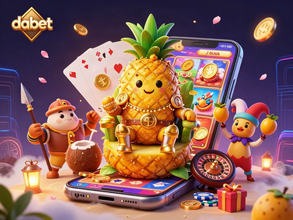 Dabet casino scene featuring a golden pineapple king, coconut guards, and a jester, surrounded by slot elements.