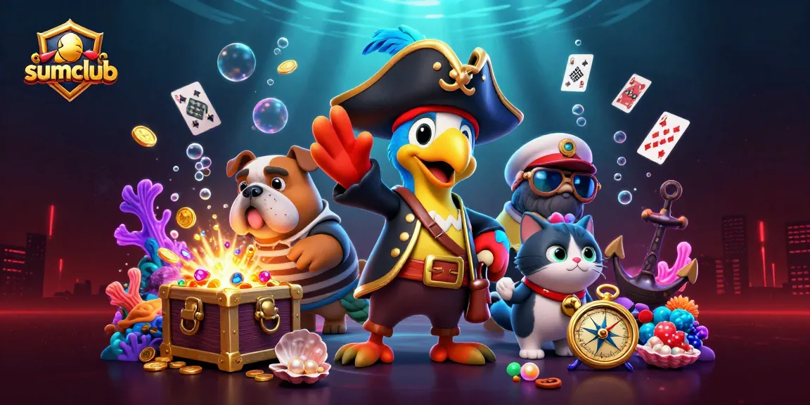 Experience winning thrills at sumclub with a lively casino scene featuring colorful characters and treasure.