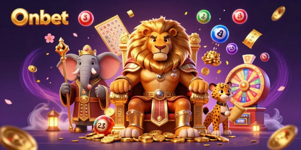 Experience the thrill of Onbet with vibrant lottery game elements featuring a royal lion king and dynamic action.