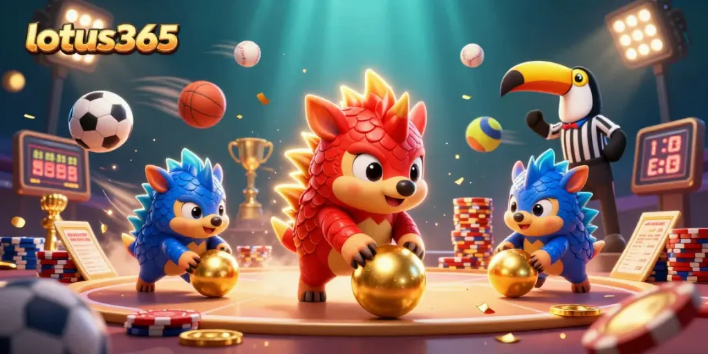 Experience thrilling sports betting with lotus365 featuring dynamic pangolins amidst golden poker chips.