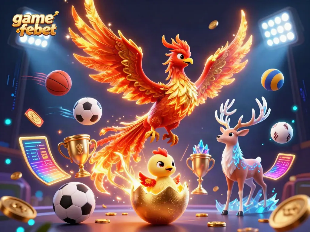 Engage in game febet with dynamic action featuring phoenix and mystical stag amid vibrant casino elements.
