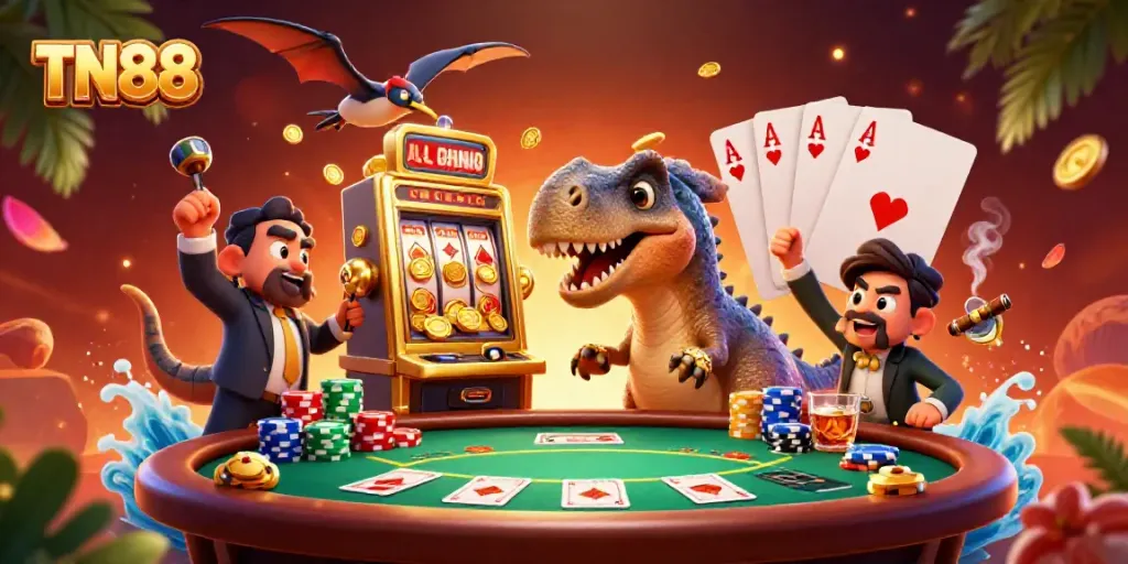 Experience the thrill of jackpot wins with TN88 at a vibrant cartoon casino scene featuring a dinosaur and animated characters.