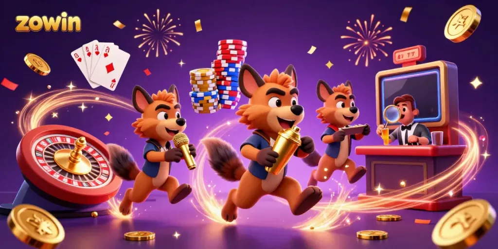 Hyenas animate the zowin casino club scene, blending comedy with vibrant gaming elements.