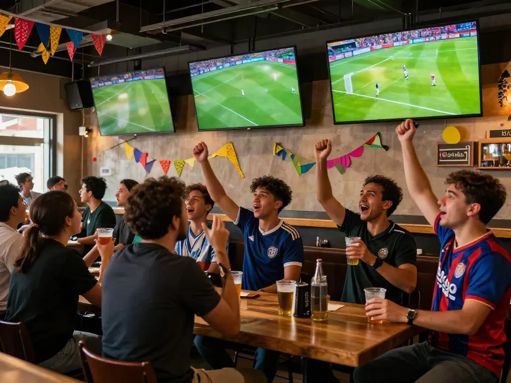 Fans enjoying a live football match at Gavangtv in a lively sports bar.