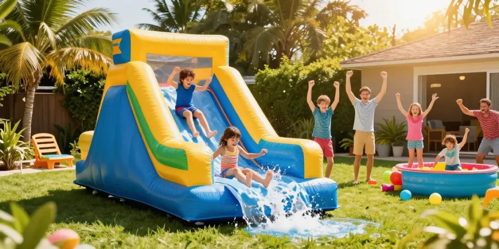 Children enjoying a colourful inflatable water slide in a sunny backyard.
