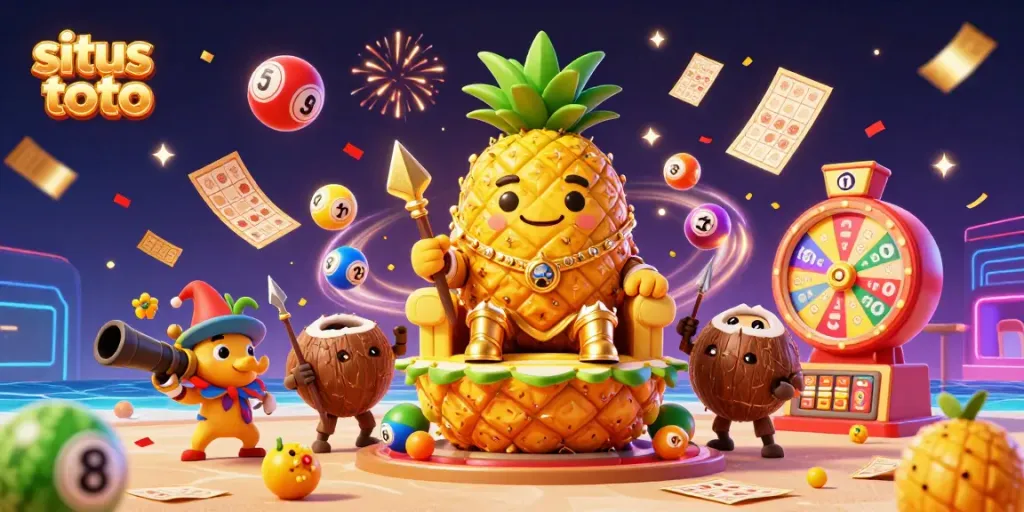 Engage in the vibrant world of situs toto with a dynamic carnival scene featuring a pineapple king and magical elements.