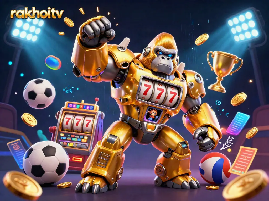 Experience dynamic sports betting with rakhoitv's transformer-style golden gorilla mech surrounded by vibrant sports elements.