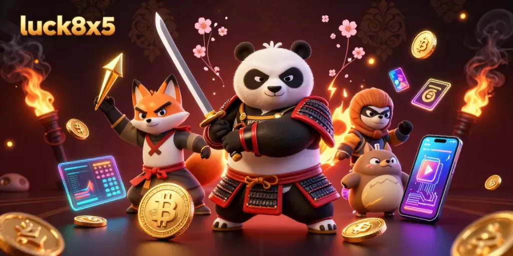 Engage with luck8x5's dynamic casino adventure featuring samurai panda, ninja fox, and spirit tanuki in a vibrant setting.