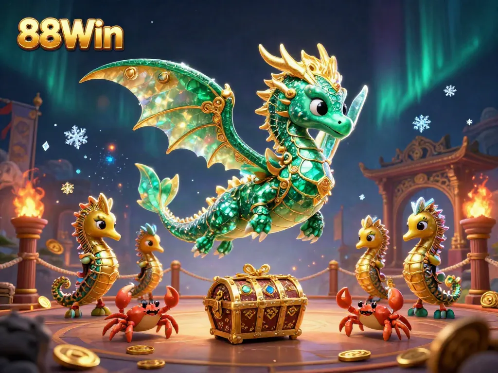 Explore the vibrant 88Win experience with a fantasy sea dragon, seahorses, and golden coins in a thrilling casino-themed scene.